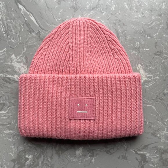 Acne Studios Pink Wool Face Patch Beanie Soft Knit Designer Hat main image 4